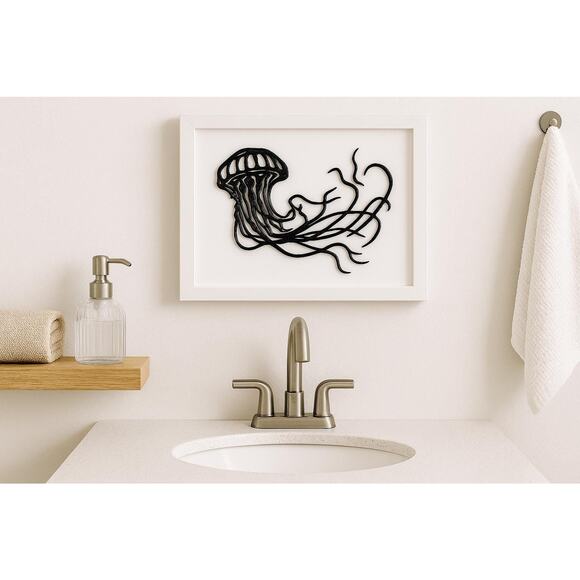 3D Printed Jellyfish Wall Art Intricate Black Design Modern Ocean Decor Bathroom - Picture 3 of 4